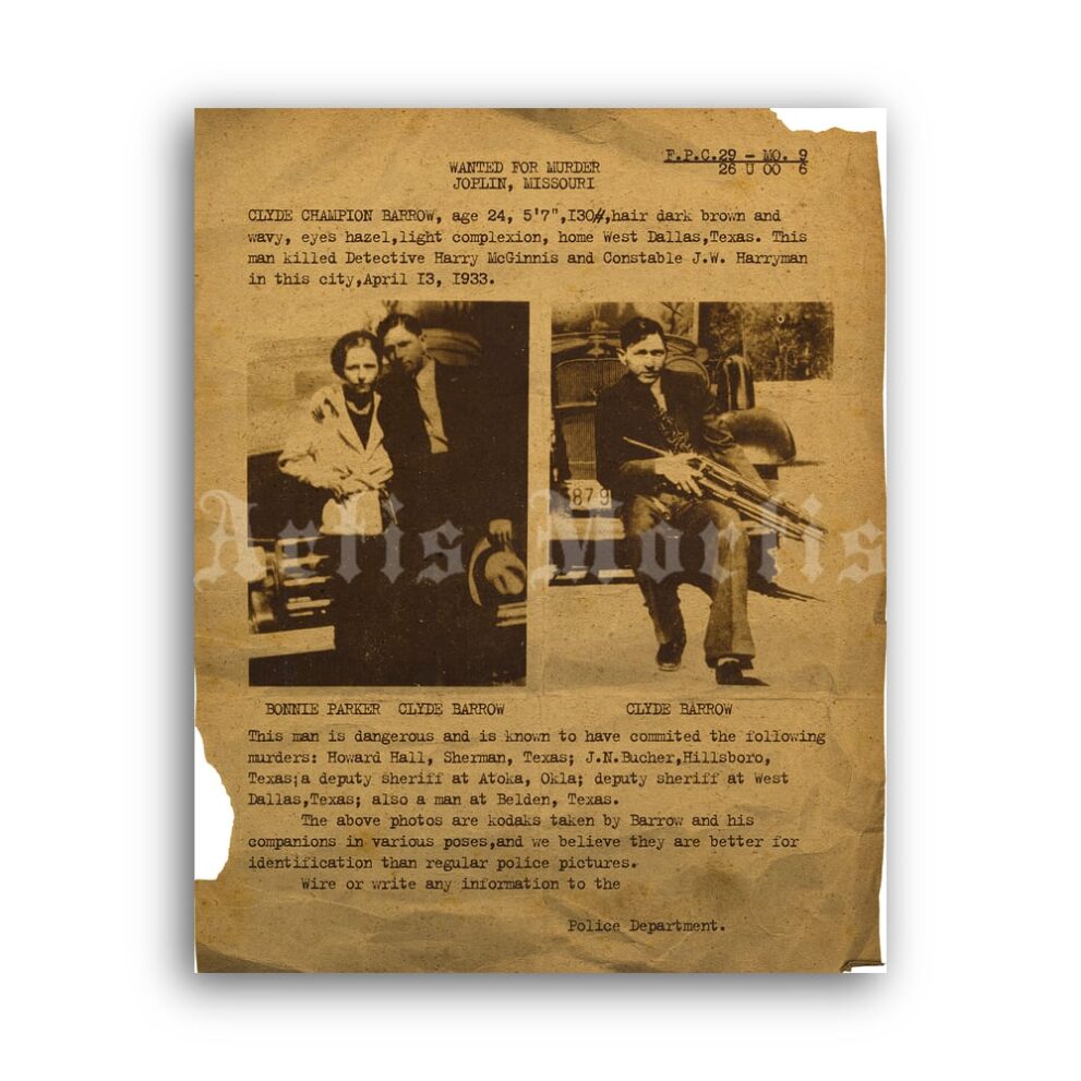 Printable Bonnie and Clyde Wanted poster 1930s crime, outlaw, bank robber - vintage print poster