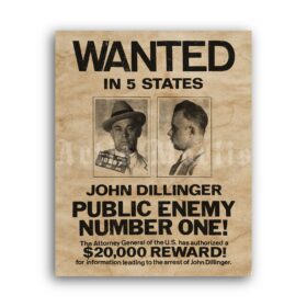 Printable John Dillinger Public Enemy, gangster, bank robber Wanted poster - vintage print poster