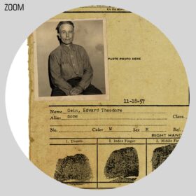 Printable Ed Gein fingerprints police card with photo, crime record - vintage print poster