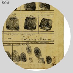 Printable Ed Gein fingerprints police card with photo, crime record - vintage print poster
