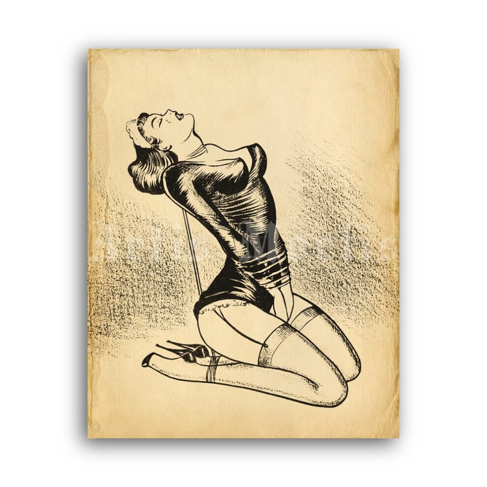 Printable Girl in ropes, bondage, shibari art by Joe Shuster - vintage print poster