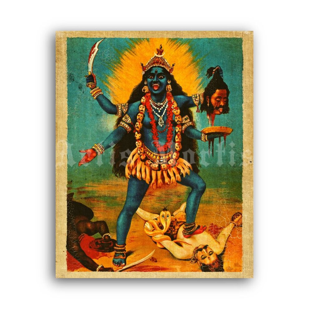 Printable Kali Hinduism Goddess art by Ravi Varma - vintage print poster