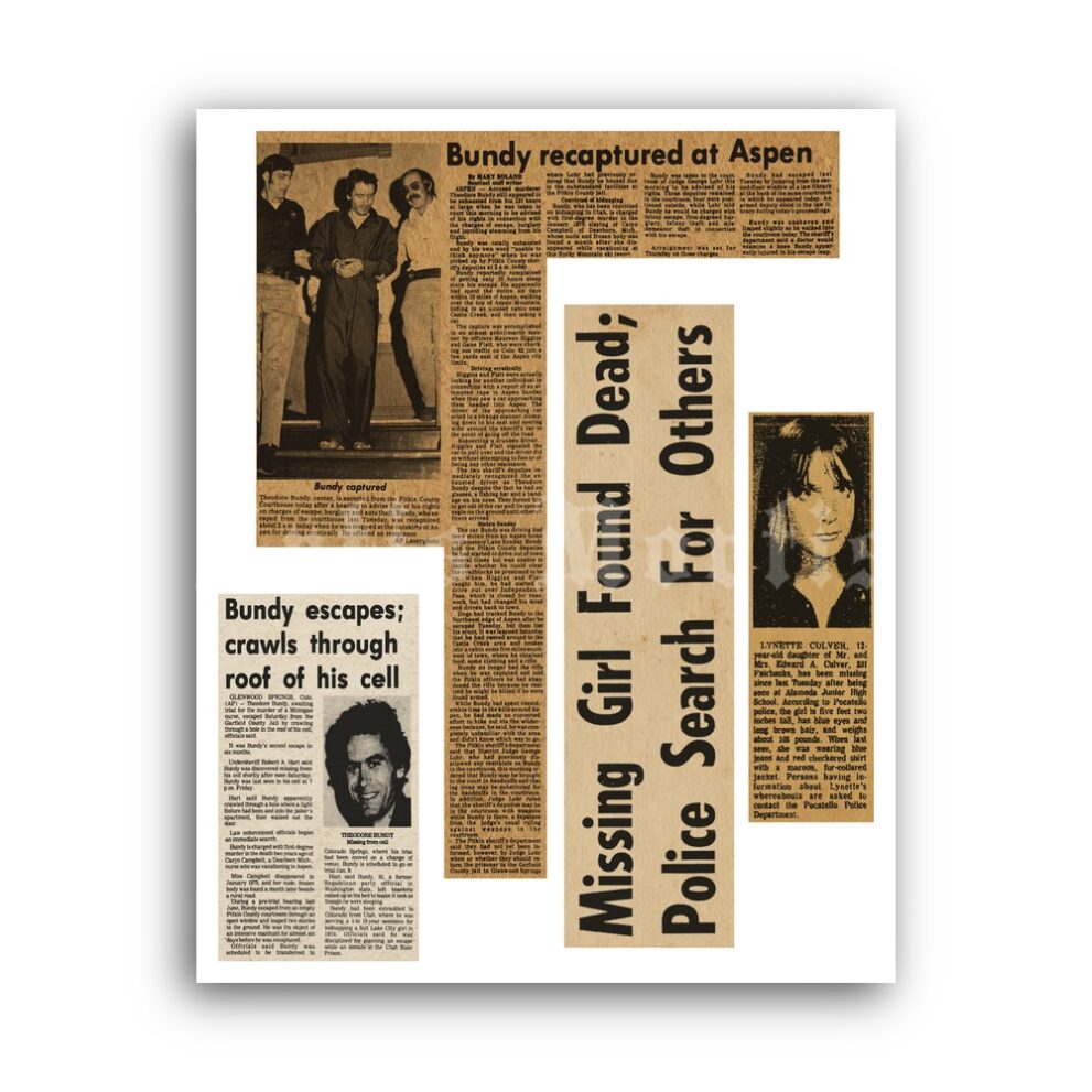 Printable Ted Bundy Newspaper clippings  Set 2 - vintage print poster