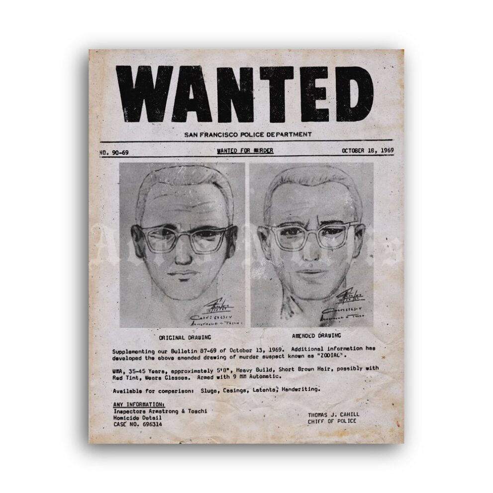 Printable Zodiac Killer Wanted poster with serial killer portrait - vintage print poster