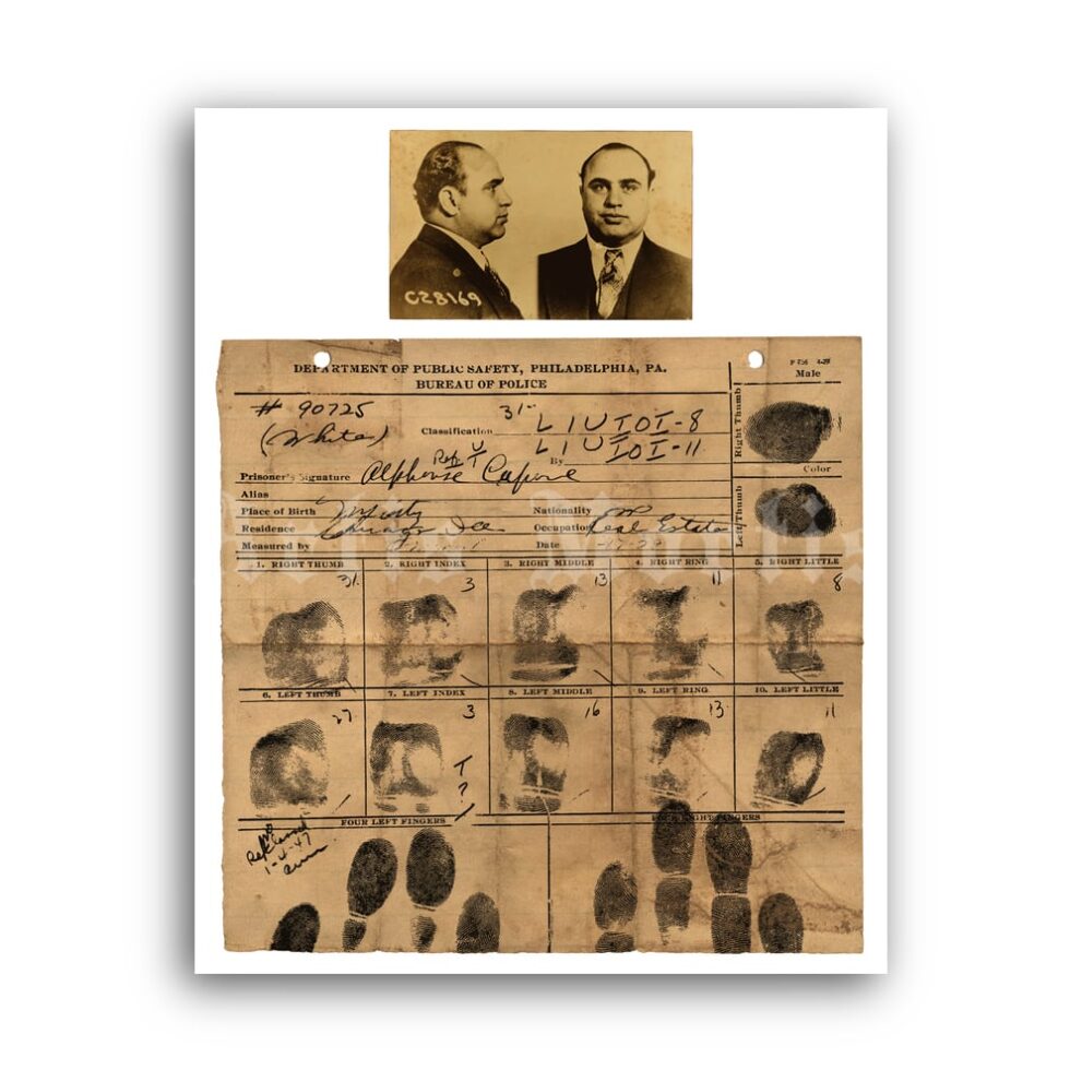 Printable Al Capone Scarface fingerprints and mugshot crime poster - vintage print poster