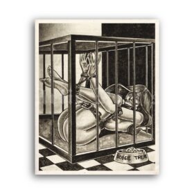 Printable Slave girl locked in a cage - BDSM art by J. Ashely - vintage print poster