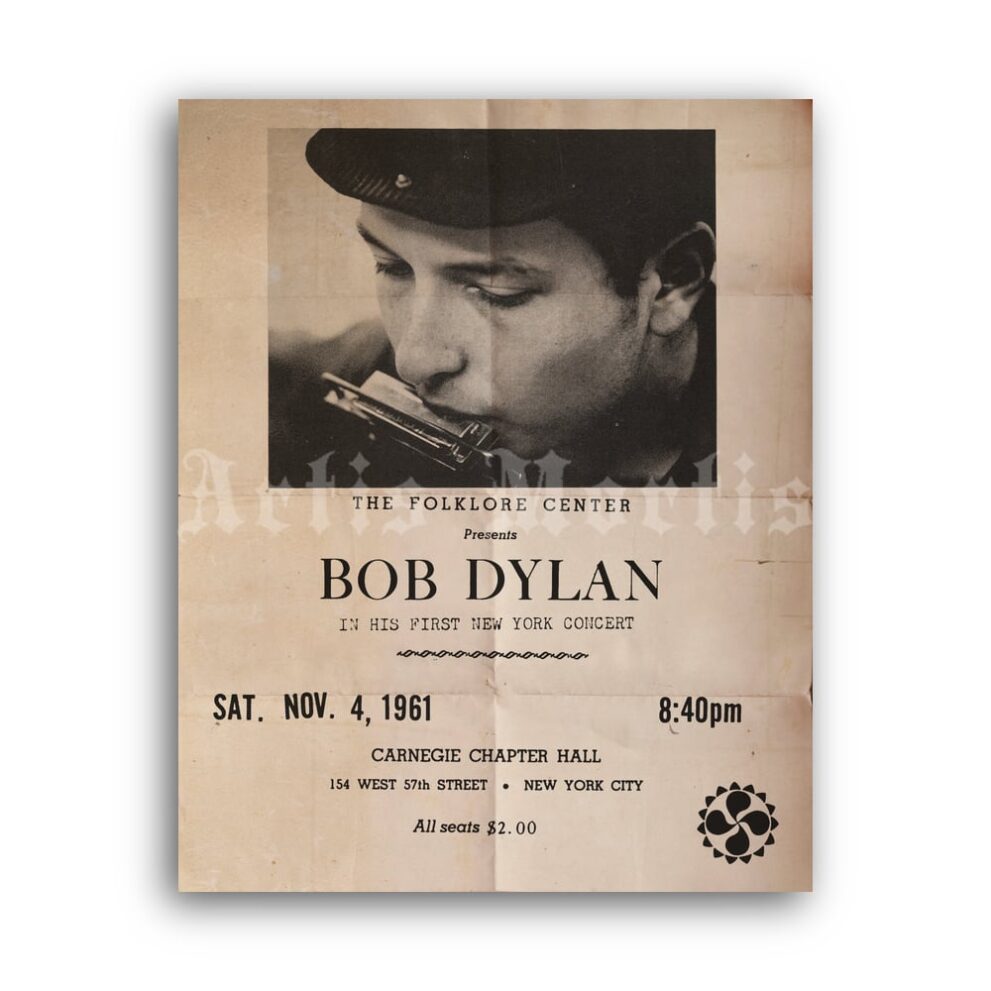 Printable Bob Dylan - First New York Concert 1961 vintage flyer poster - vintage print poster