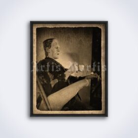 Printable Frankenstein smoking and drinking coffee - Boris Karloff photo - vintage print poster