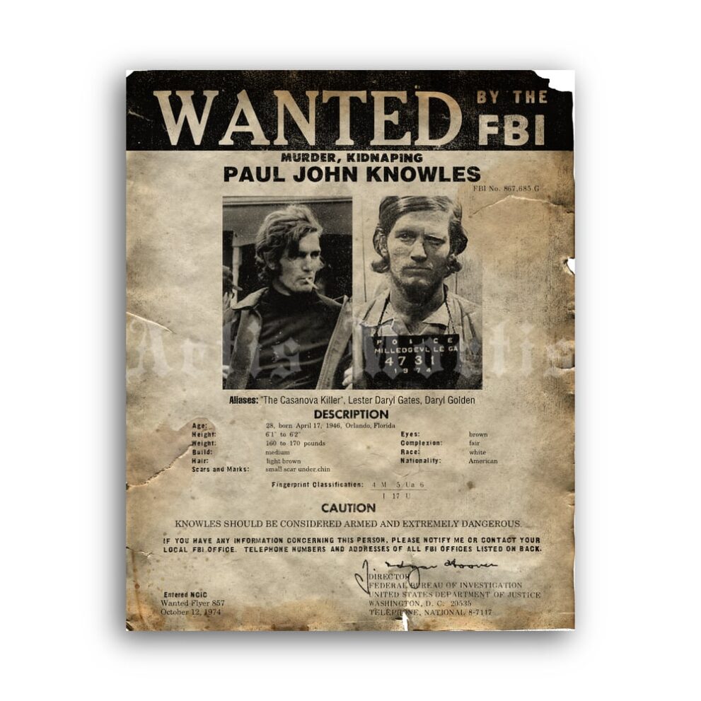 Printable The Casanova Killer Paul John Knowles Wanted by FBI poster - vintage print poster