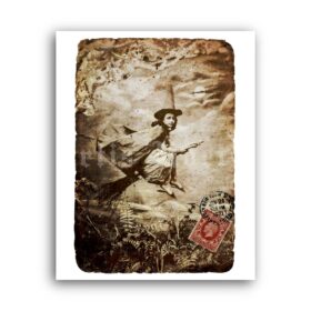 Printable Victorian witch flying on a broomstick postcard poster - vintage print poster