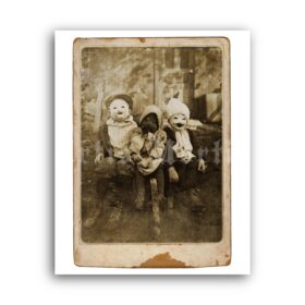 Printable Children in creepy Halloween costumes and masks vintage photo - vintage print poster