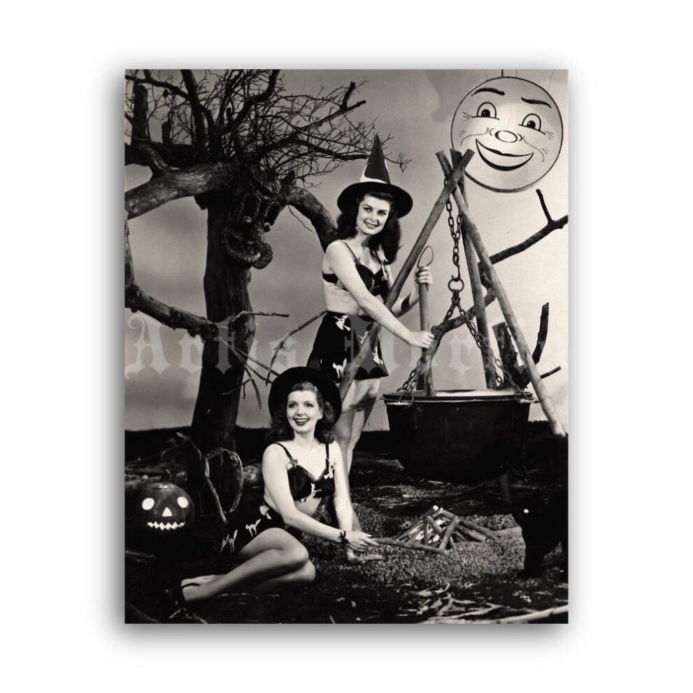 Printable Retro Halloween, cooking witches - vintage pin-up photo poster - vintage print poster