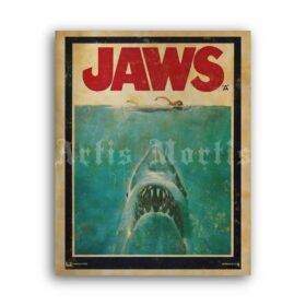 Printable Jaws 1975 horror thriller movie poster - giant monster shark - vintage print poster
