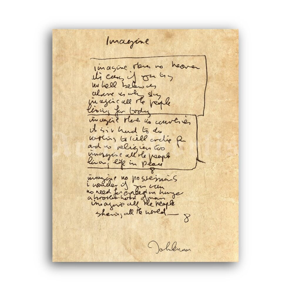 Printable John Lennon - Imagine song handwritten lyrics poster - vintage print poster