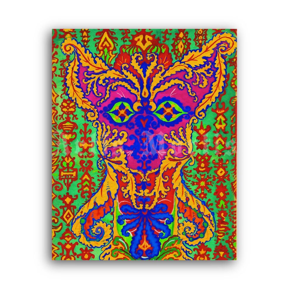 Printable Greek ornament Cat by Louis Wain - weird, psychedelic, mad art - vintage print poster