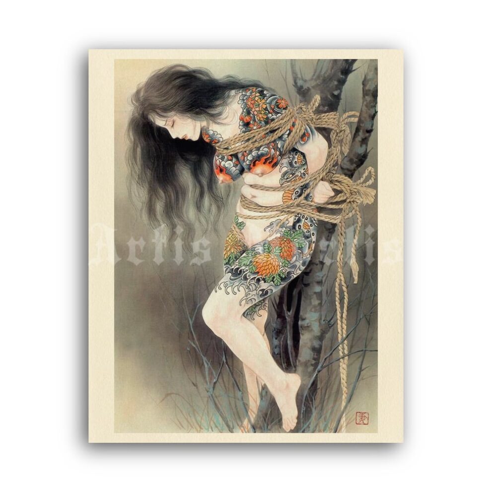 Printable Tattooed girl in ropes - Japanese kinbaku art by Ozuma Kaname - vintage print poster