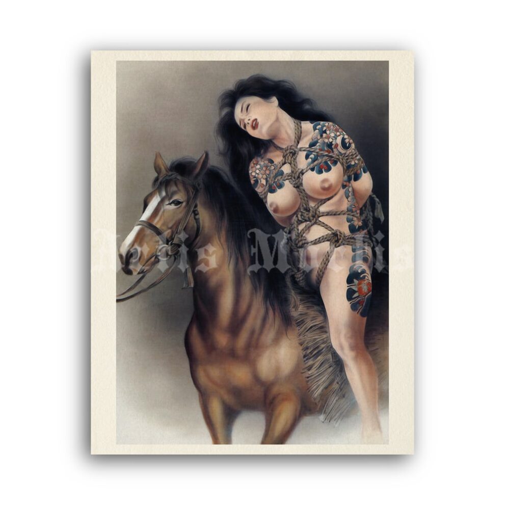 Printable Tied girl on the horse - Japanese kinbaku art by Ozuma Kaname - vintage print poster