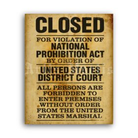Printable Prohibition Closed sign - vintage bar, bootlegger poster - vintage print poster