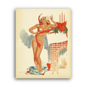 Printable Sexy Santa Girl, Vintage Christmas Pin-Up poster by Bill Randall - vintage print poster