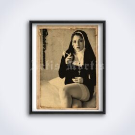 Printable Smoking sexy nun in silk stockings - retro photo poster - vintage print poster