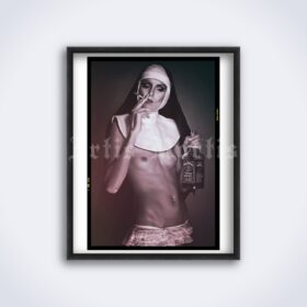 Printable Naughty naked nun smoking and drinking photo poster - vintage print poster