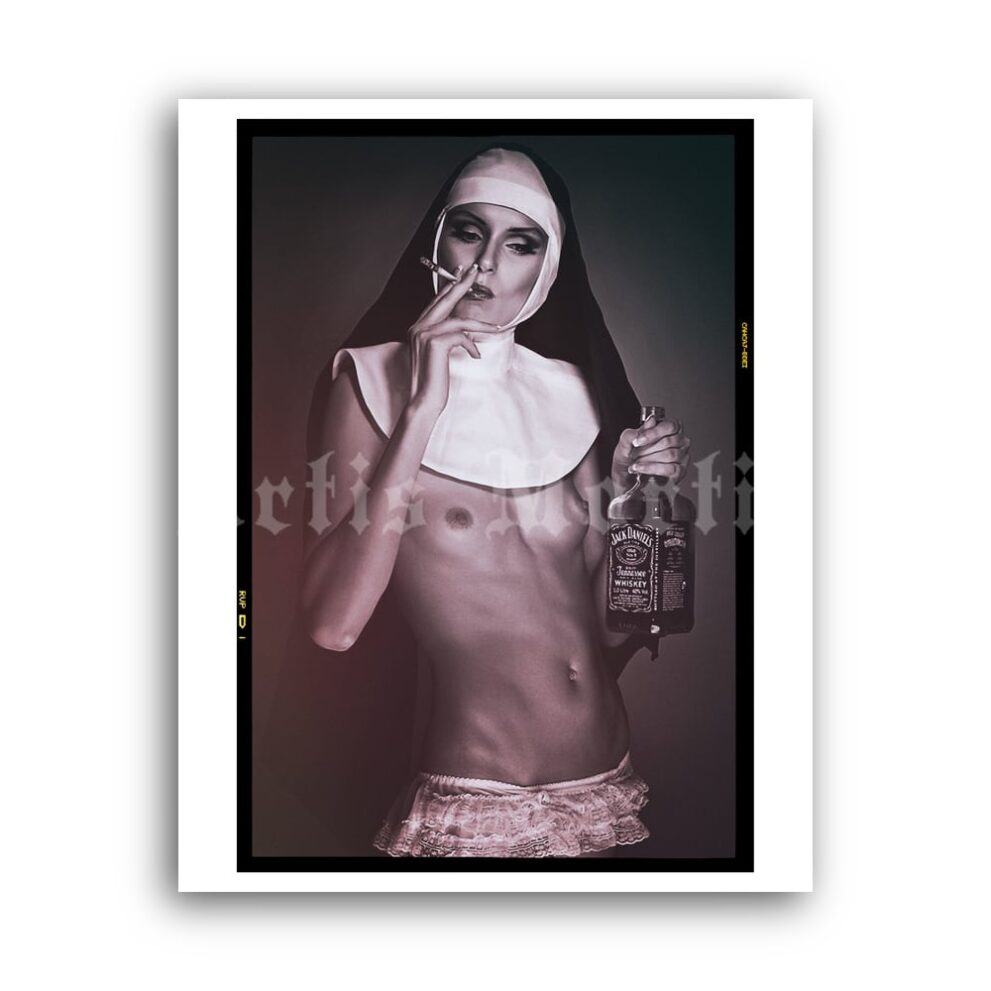 Printable Naughty naked nun smoking and drinking photo poster - vintage print poster