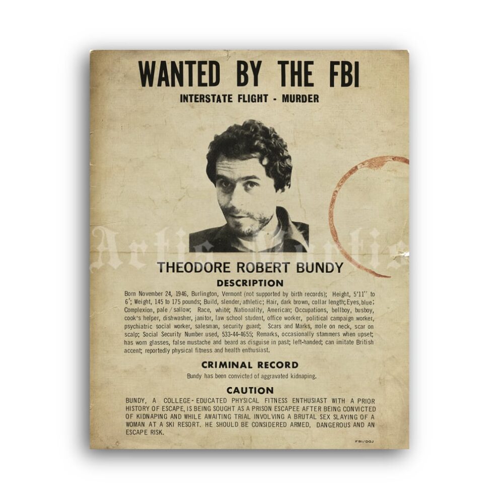 Printable Ted Bundy Wanted by the FBI poster #2 - serial killer document - vintage print poster