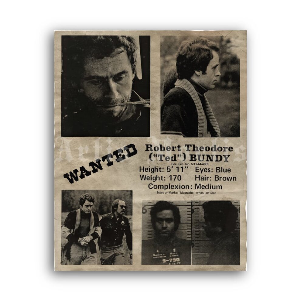 Printable Ted Bundy Wanted poster #3 - serial killer crime murderabilia - vintage print poster