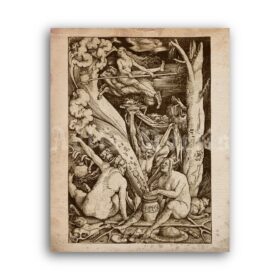 Printable Naked Witch flies on Goat to the Sabbath 1545 medieval art - vintage print poster