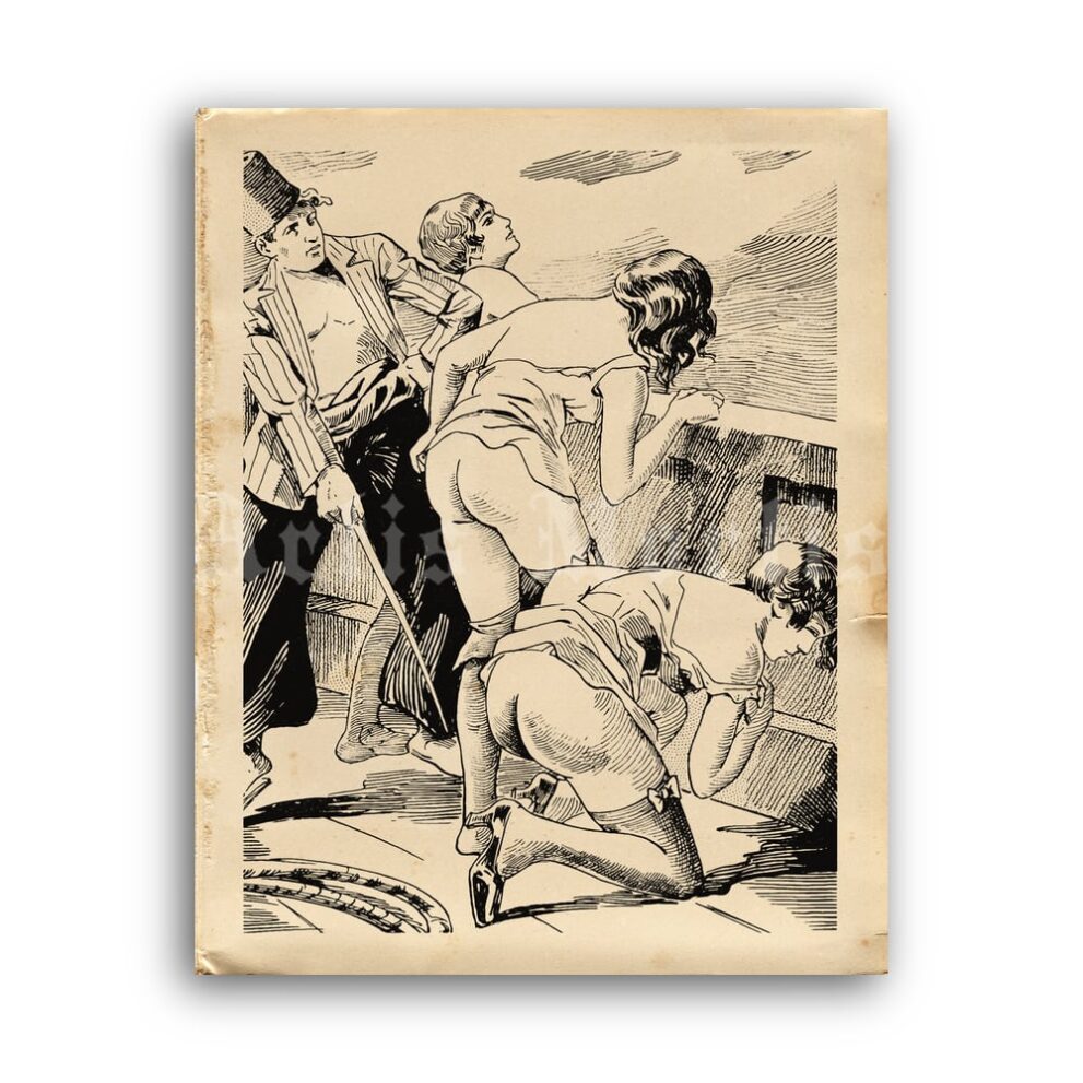 Printable Naked slave girls punishment - domination illustration by Bartey - vintage print poster