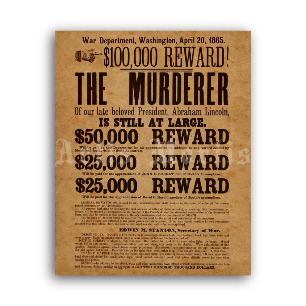 Printable Murderer of Abraham Lincoln - John Wilkes Booth wanted poster - vintage print poster