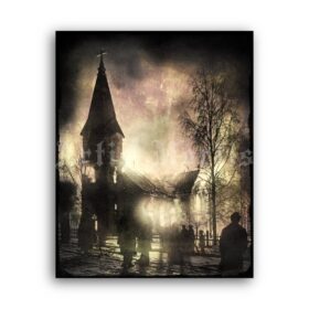 Printable Burning old Church in Finland - archive photo poster - vintage print poster