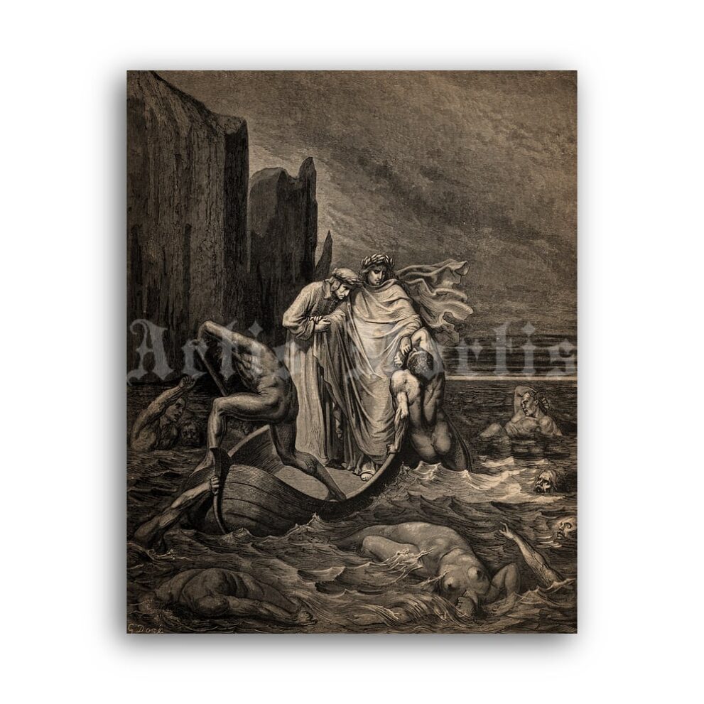Printable Styx River illustration for Dante Devine Comedy by Gustave Dore - vintage print poster
