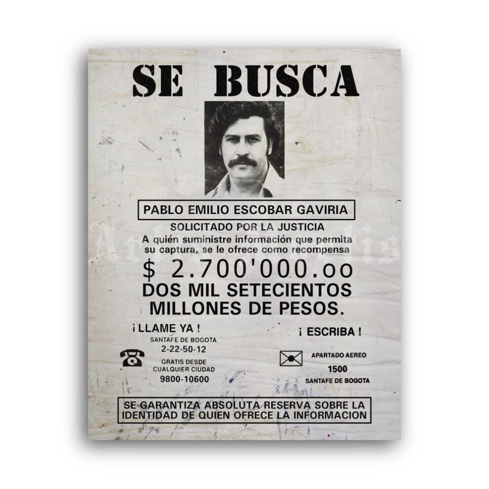 Printable Pablo Escobar - se busca, 1990s wanted sign poster - vintage print poster