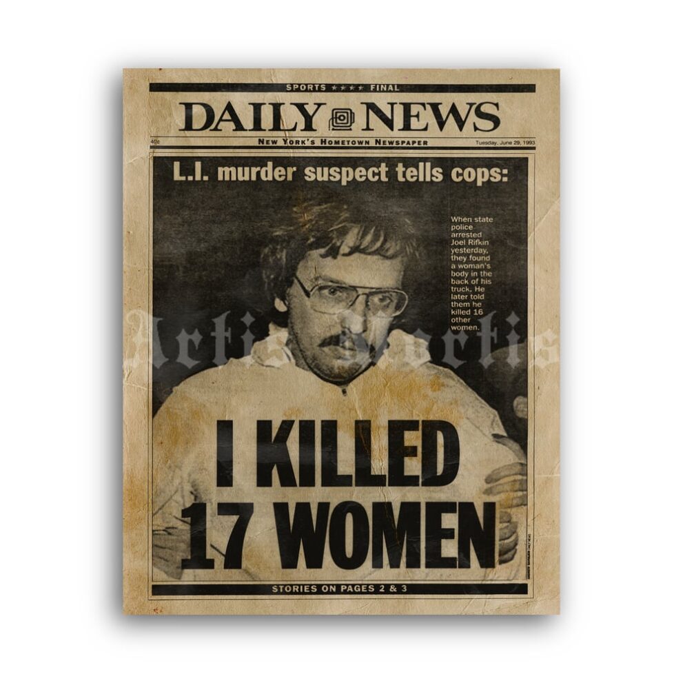 Printable Joel Rifkin - I killed 17 women - serial killer newspaper poster - vintage print poster