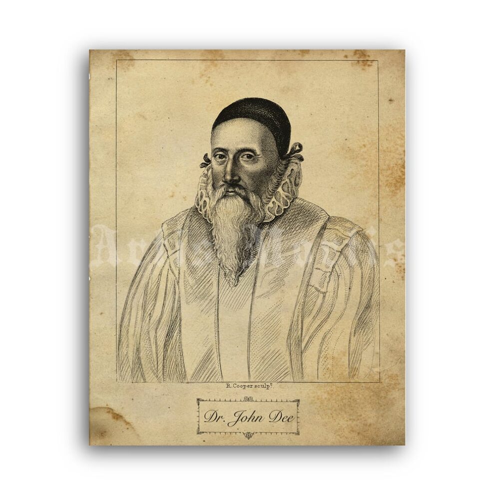 Printable John Dee occultist, alchemist, magus antique engraving portrait - vintage print poster