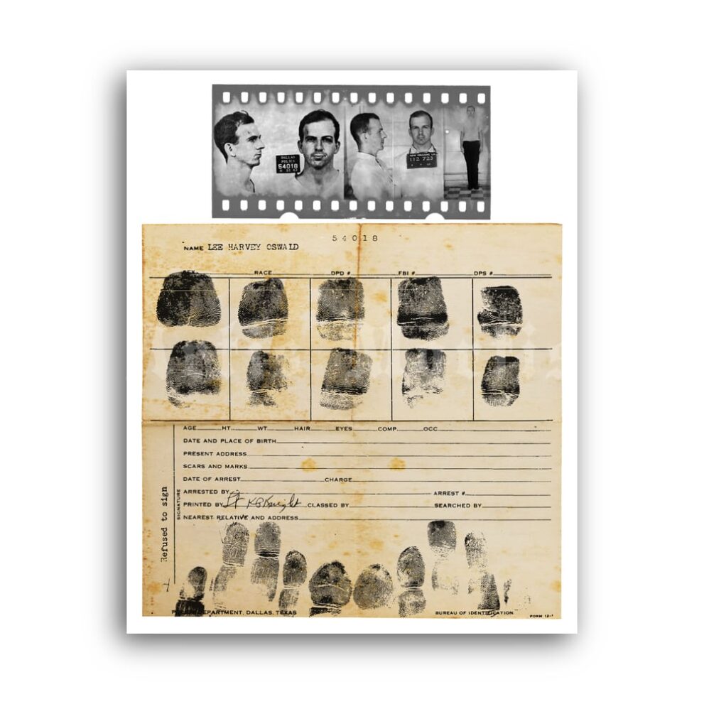 Printable Lee Harvey Oswald, JFK assassin fingerprints mugshot poster - vintage print poster