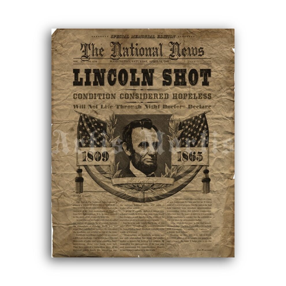 Printable Abraham Lincoln shot newspaper cover, obituary, historical poster - vintage print poster