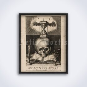 Printable Memento Mori, skull and hourglass medieval engraving art - vintage print poster