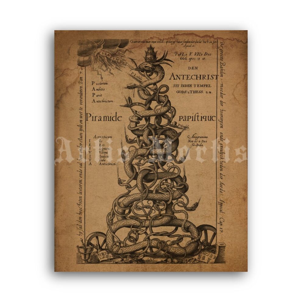 Printable Serpents of Hell, Piramide Papistique - medieval art poster - vintage print poster