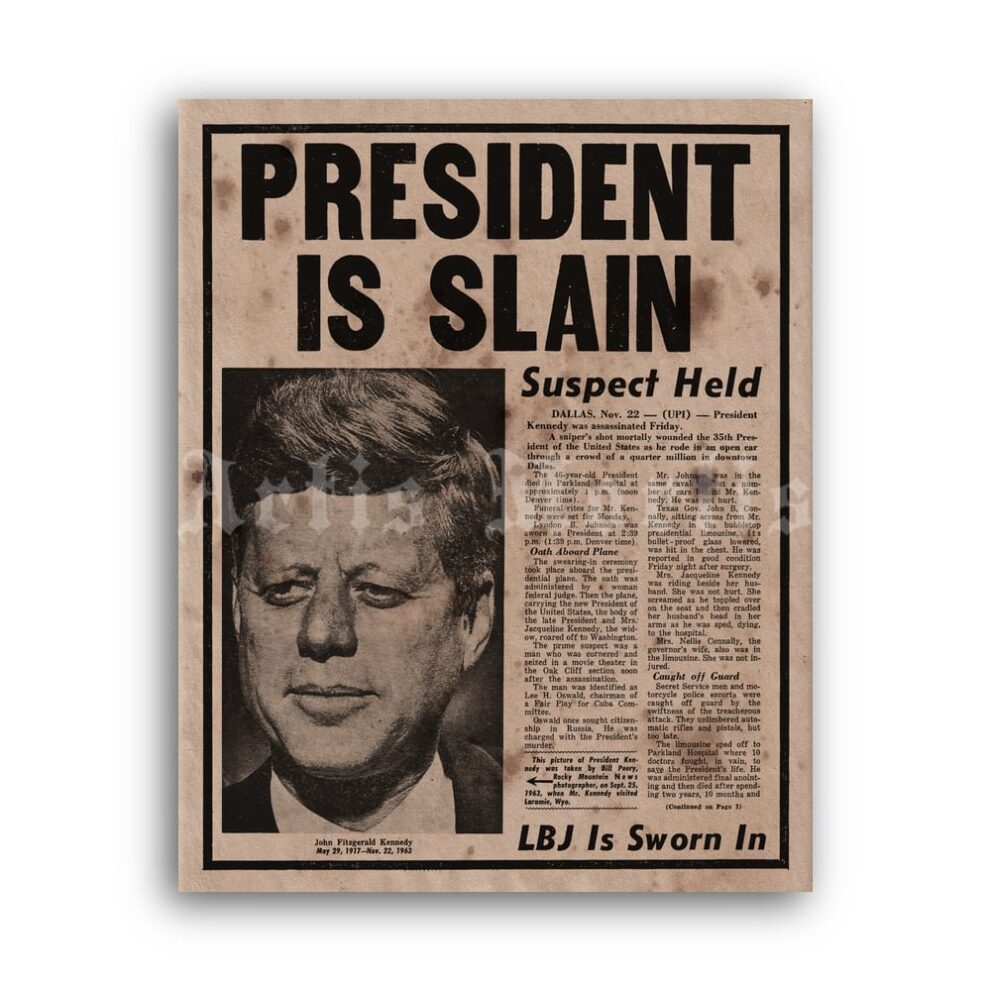 Printable President Is Slain - JFK assassination newspaper poster - vintage print poster