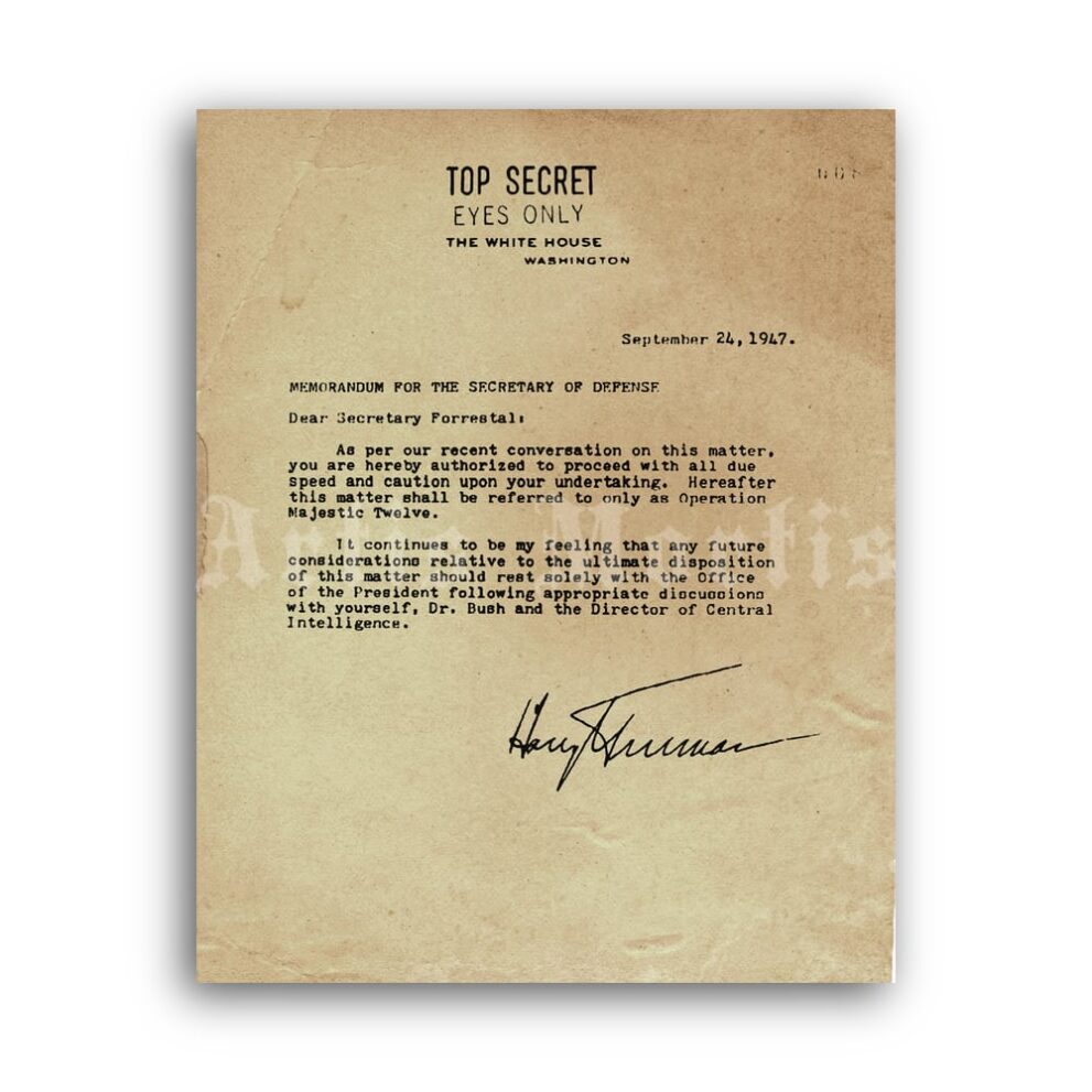 Printable Truman-Forestal Memo 1947 Top Secret UFO document poster - vintage print poster