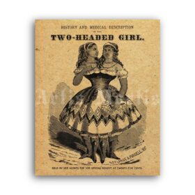Printable Two-Headed Girl, Siamese Twins vintage freak show poster - vintage print poster