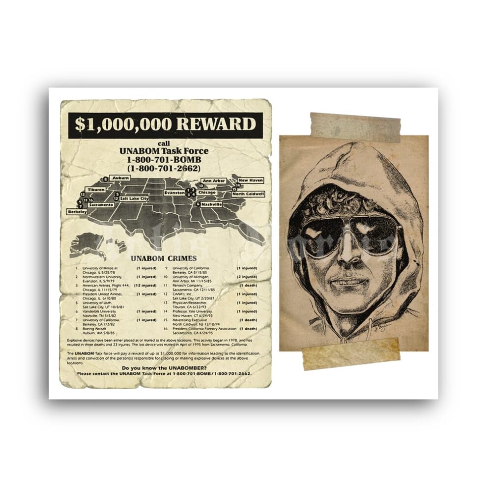 Printable Unabomber wanted poster and composite sketch print