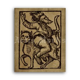 Printable Witcher on the cat, witchcraft - medieval woodcut art print - vintage print poster