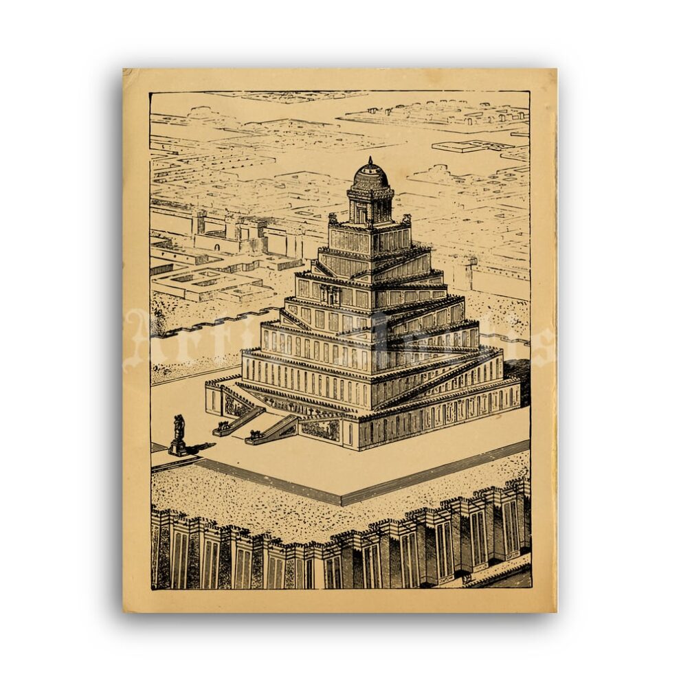 printable-sumerian-ziggurat-illustration-ancient-babylon-pyramid-poster