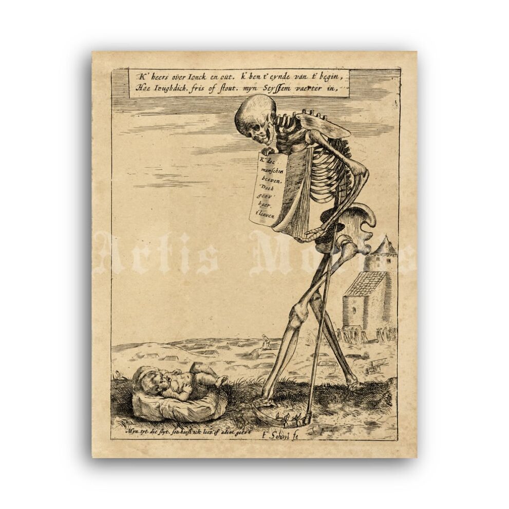 Printable Skeleton and baby - Allegory of Death medieval dark art - vintage print poster