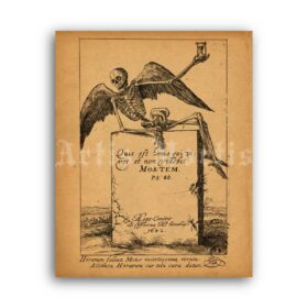 Printable Angel of Death on tombstone, skeleton art, medieval print - vintage print poster