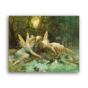 Printable Forest Fairies playing with gnomes illustration by Gustave Dore - vintage print poster