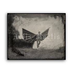 Printable Flying man, wingsuit, artificial wings, vintage weird photo - vintage print poster